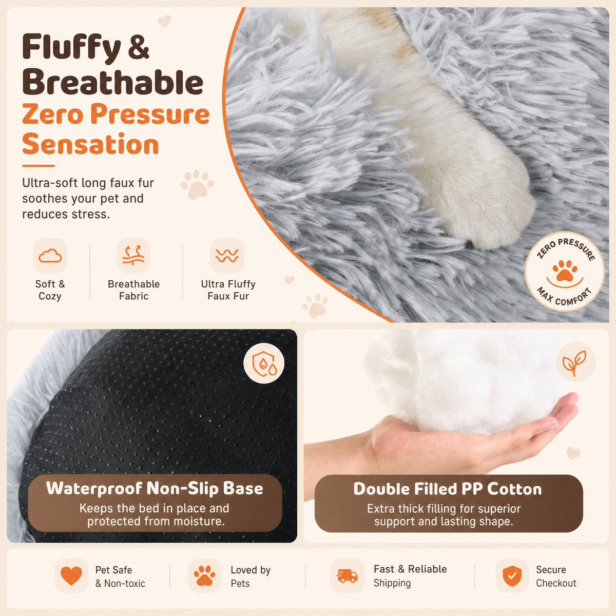 Close-up of the grey faux fur with the waterproof non-slip base and PP cotton filling