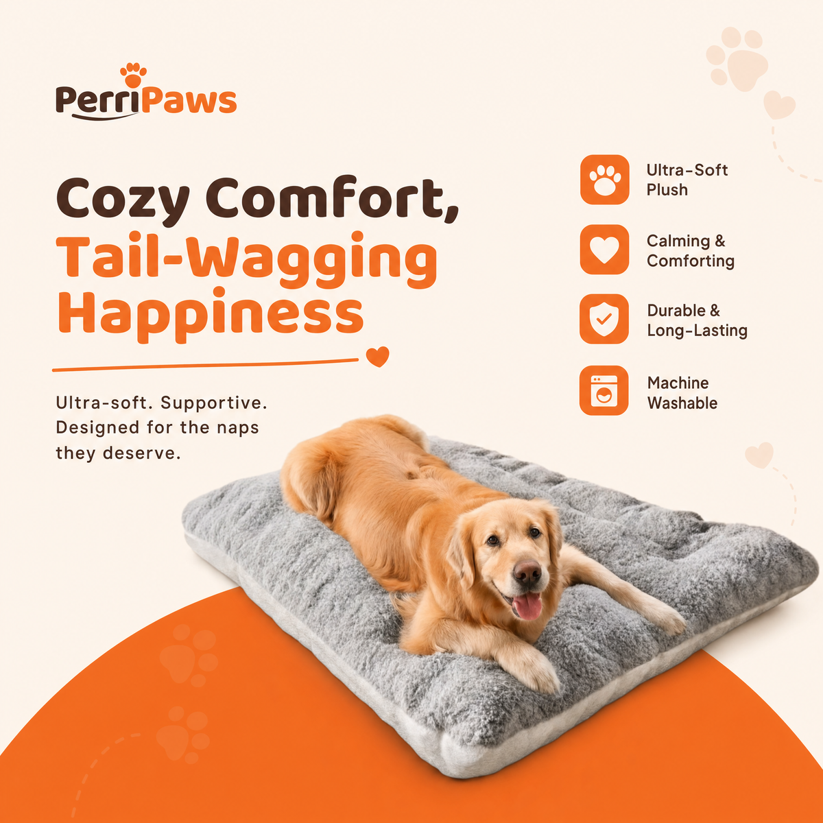 Grey plush bed mat with a cockapoo lying on it