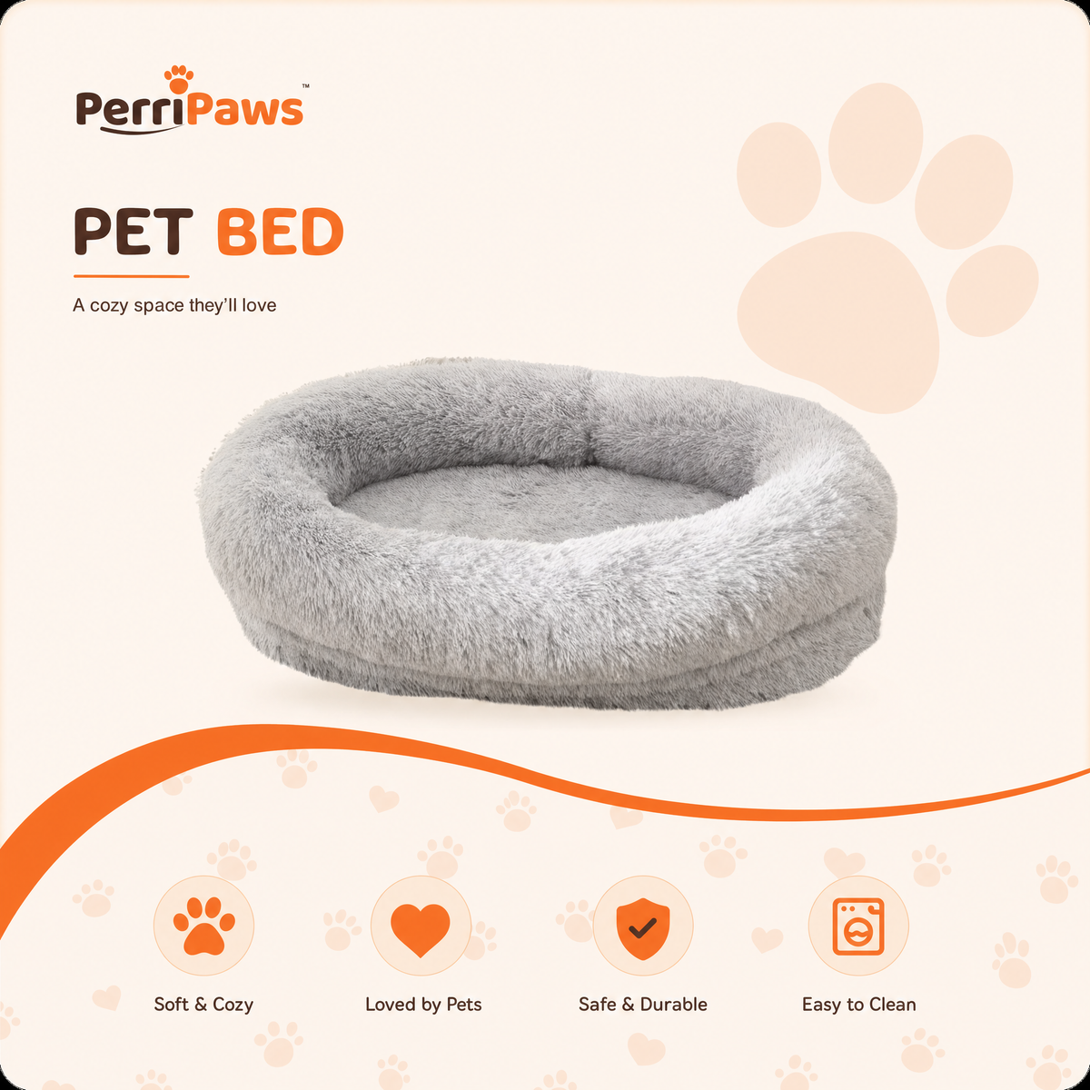Grey oval donut bed on a cream background