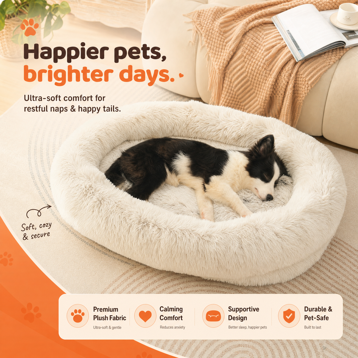 A border collie puppy curled up in the cream donut bed
