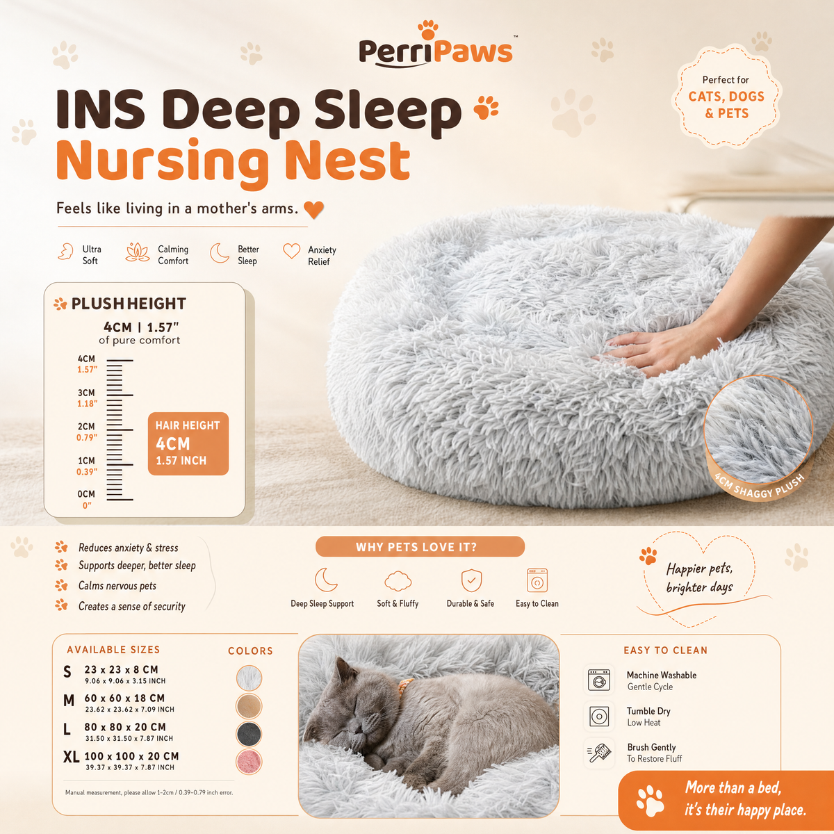 Grey donut bed with a hand pressing the plush, shown with size and colour options