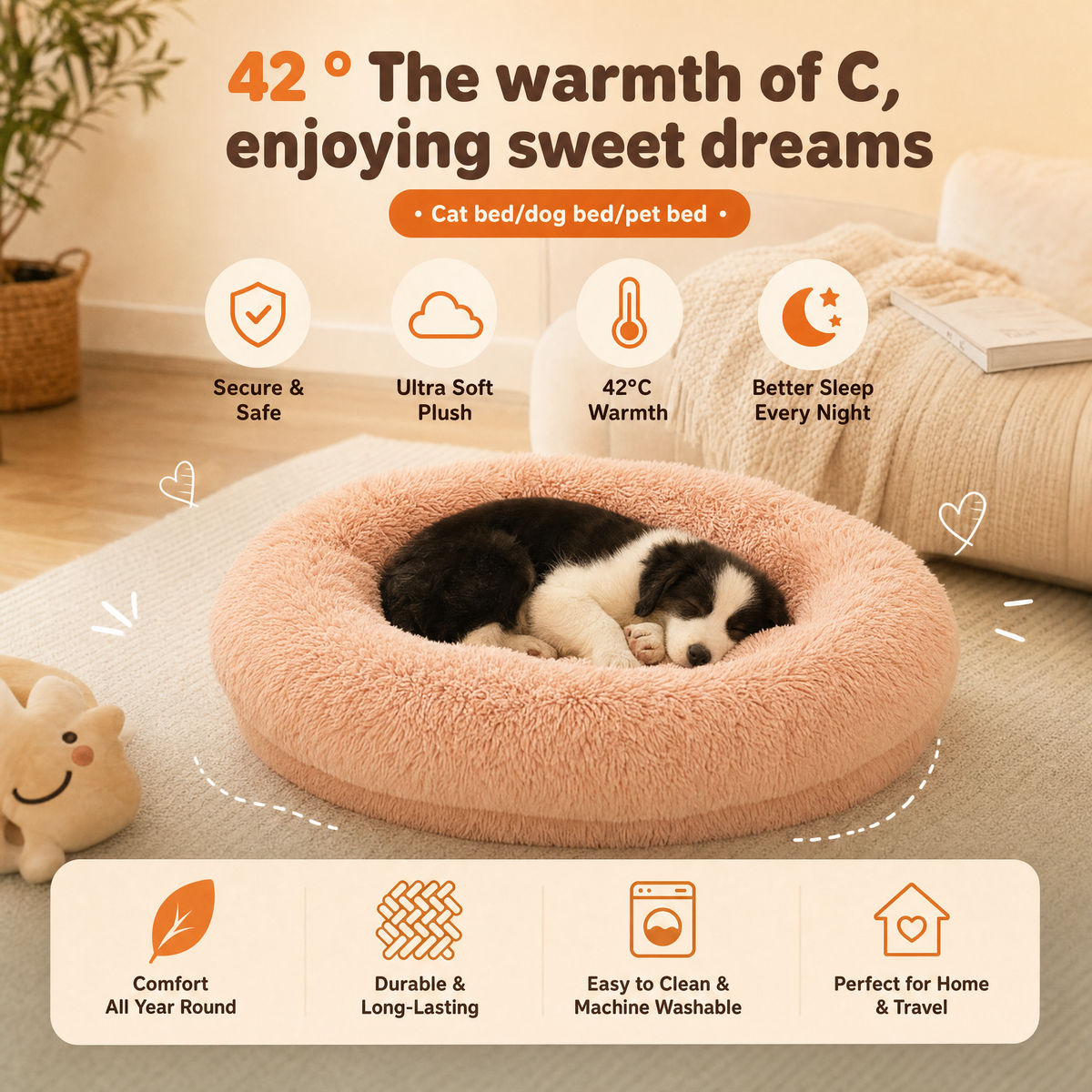A border collie sleeping in the peach donut bed