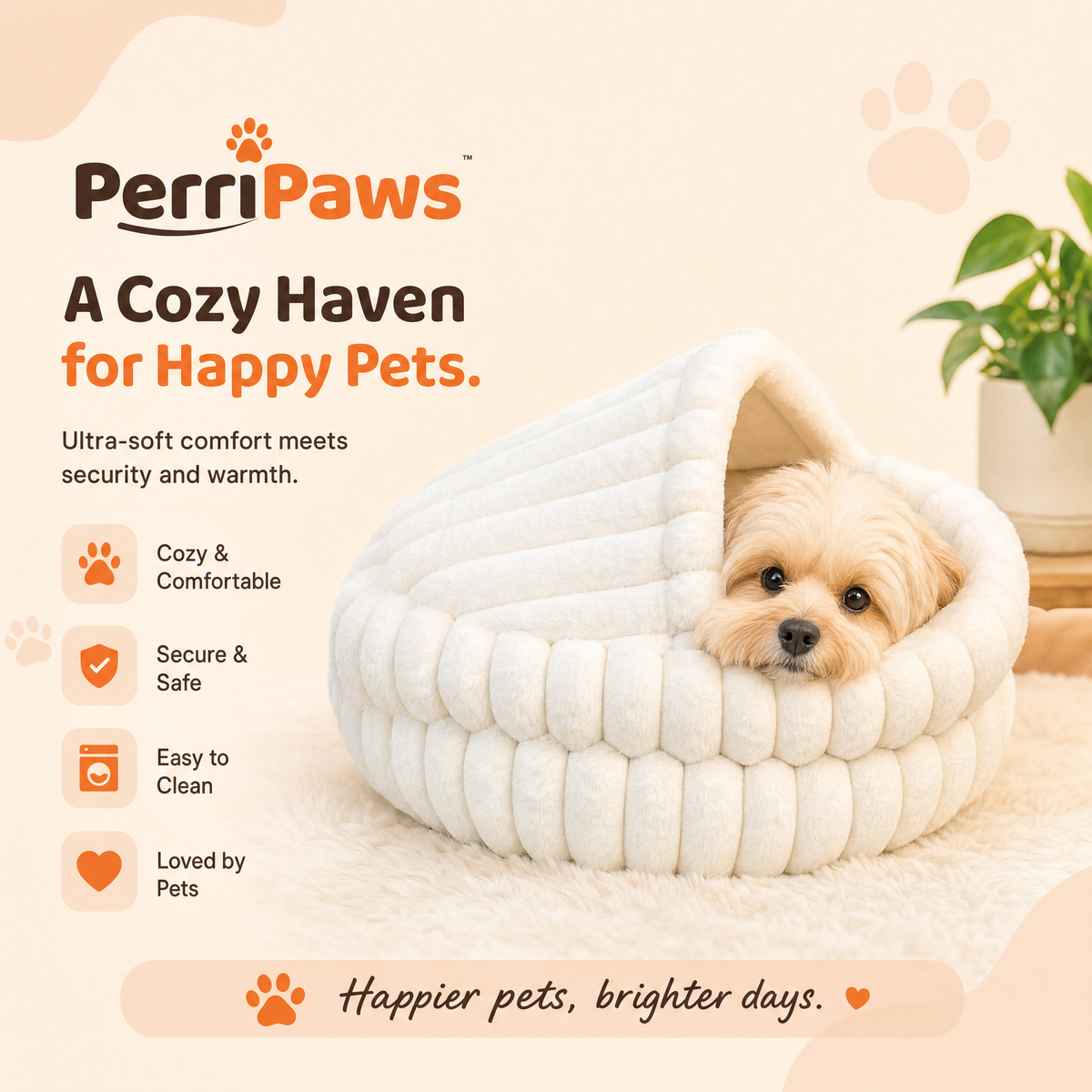 Cream ribbed hooded cave bed with a small poodle inside