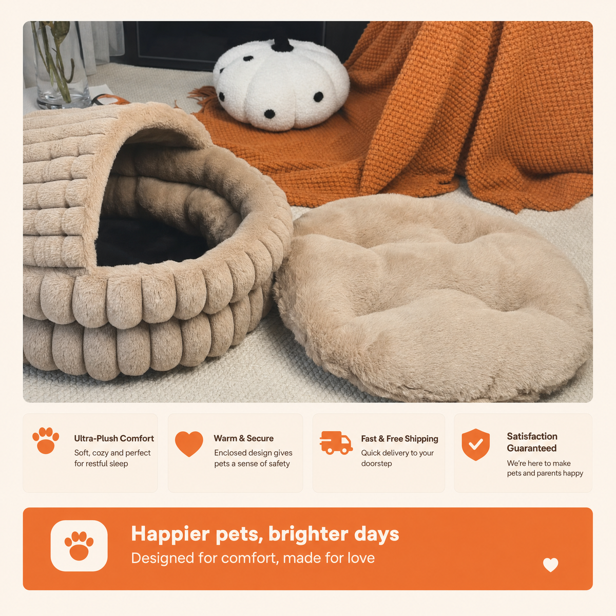 Grey and beige hooded cave beds side by side with a plush toy