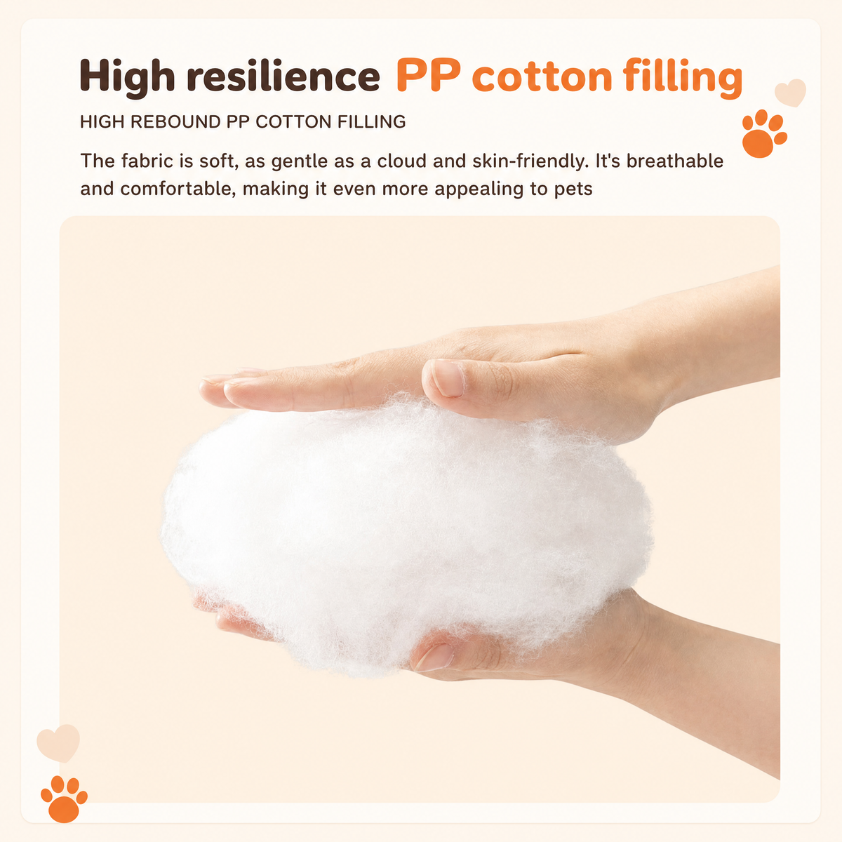 A handful of PP cotton filling held above the cave bed