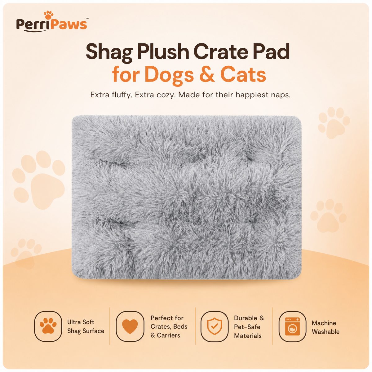 Grey shag crate pad on a cream background