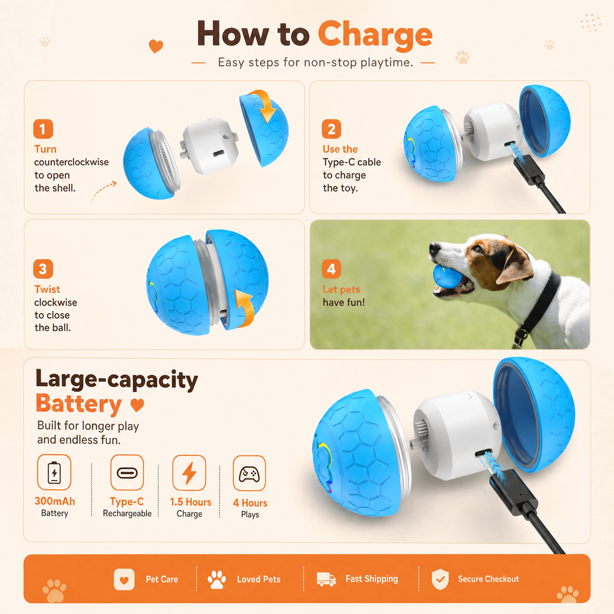 Charging steps: twist the shell open, connect the USB-C cable, twist it shut, then play