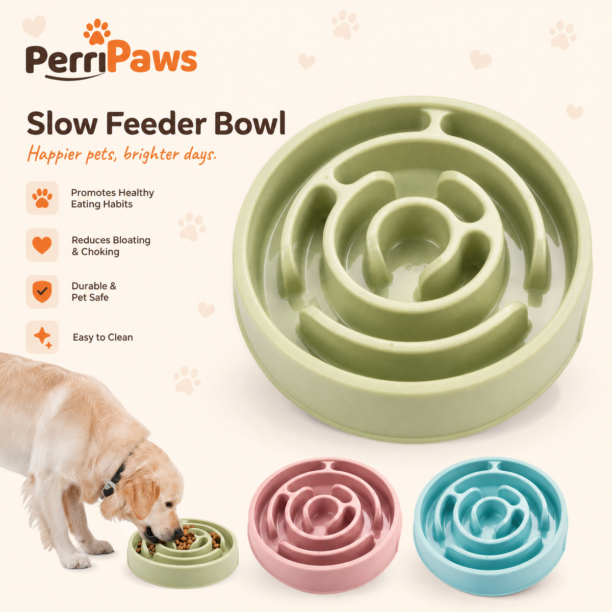 Green maze slow feeder bowl with a golden retriever eating from it