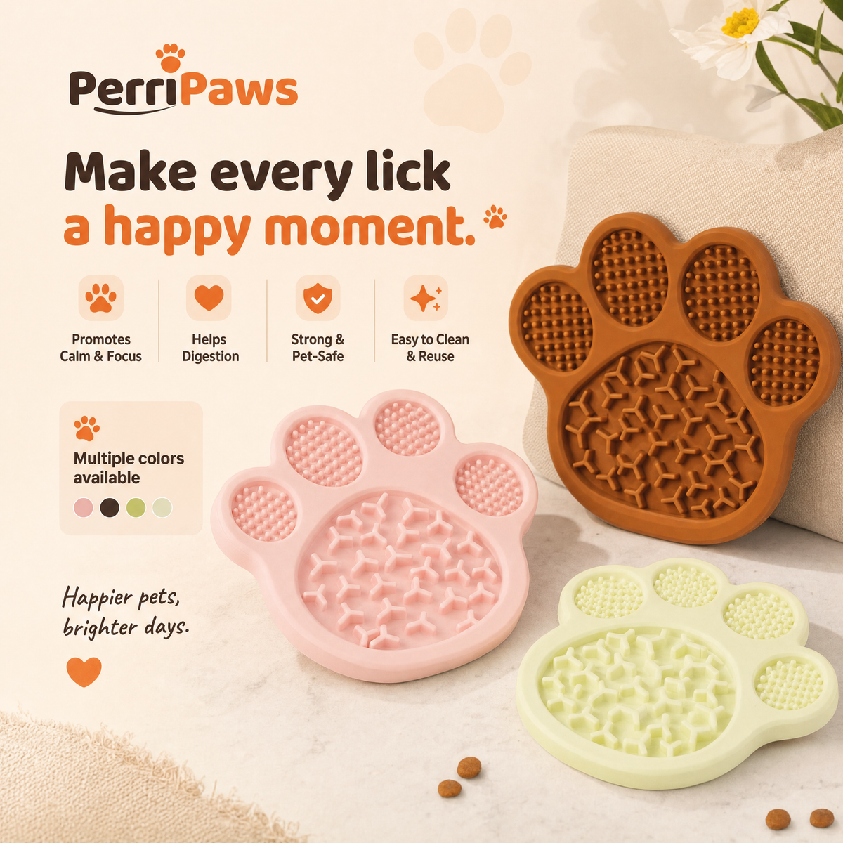Brown, pink and lime lick mats with scattered kibble