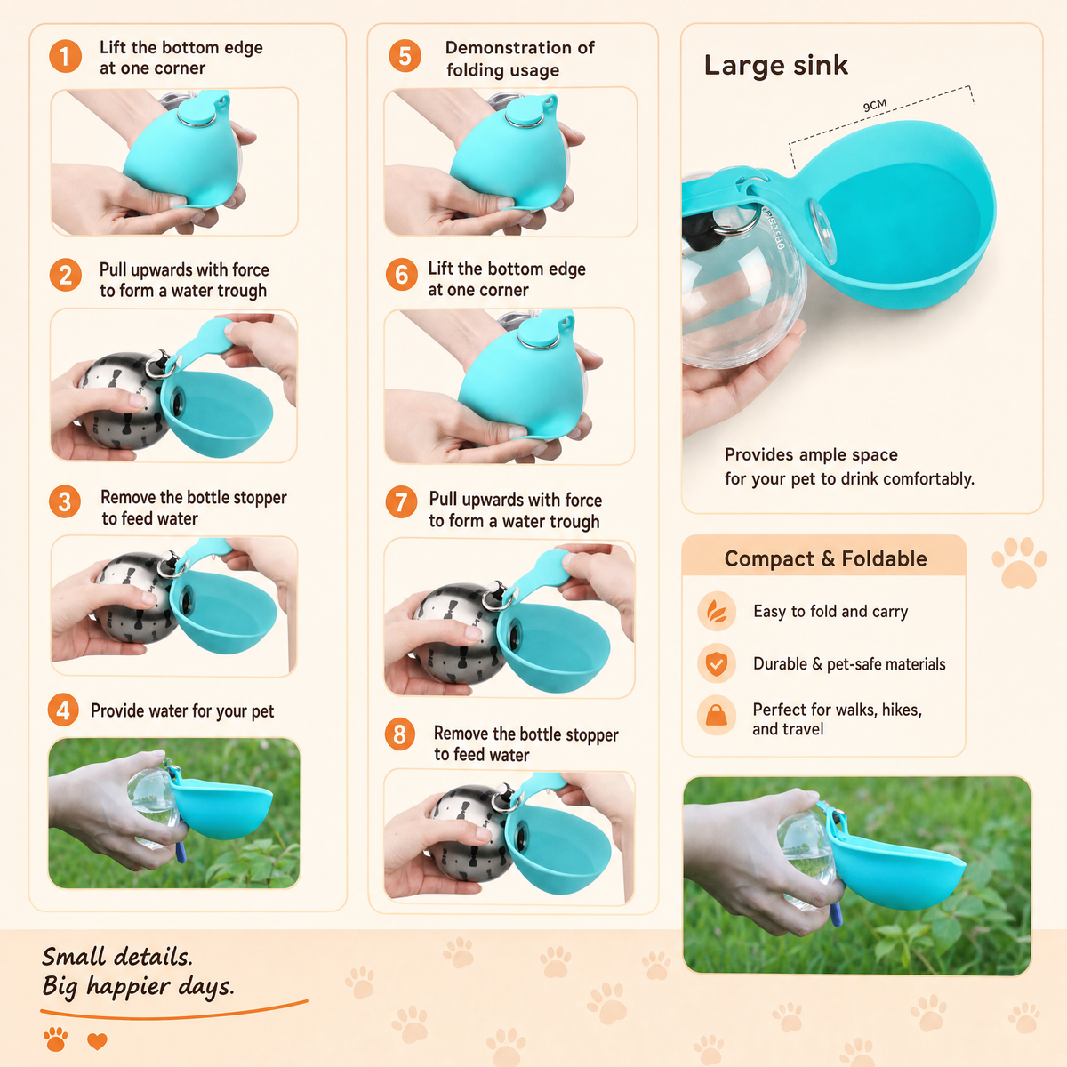 Six-step guide to unfolding the silicone trough and pouring water