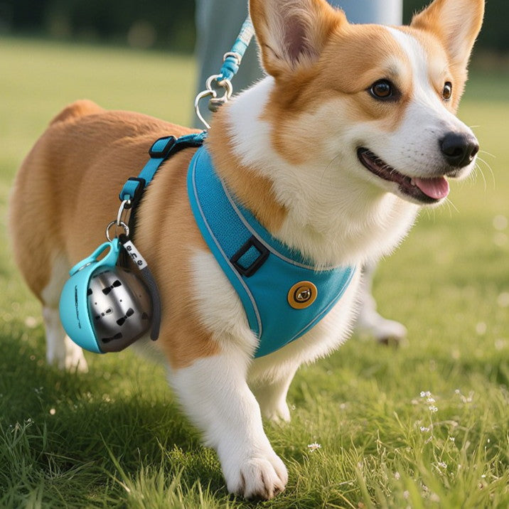 A Corgi walking on grass with the portable pet water bottle clipped to its harness