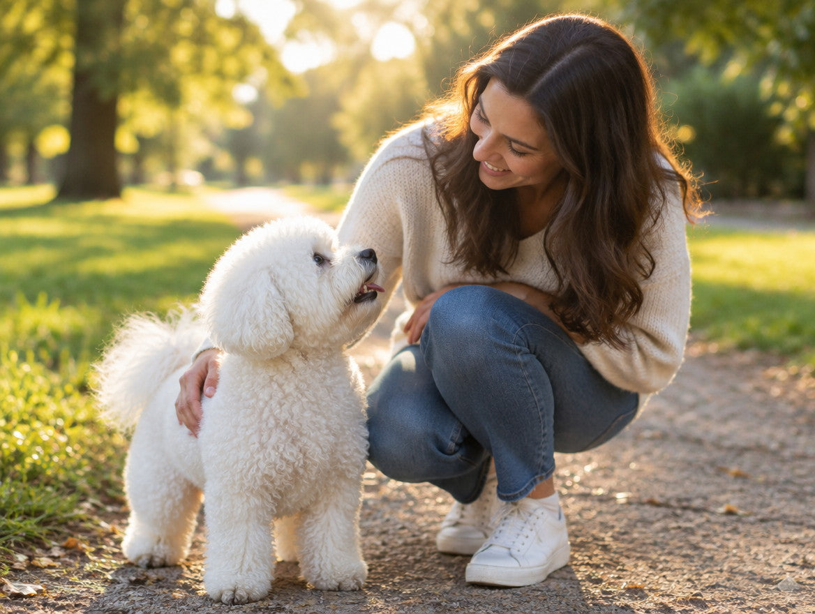 A woman crouching on a sunlit park path beside a white Bichon Frise, one hand on the dog's shoulder