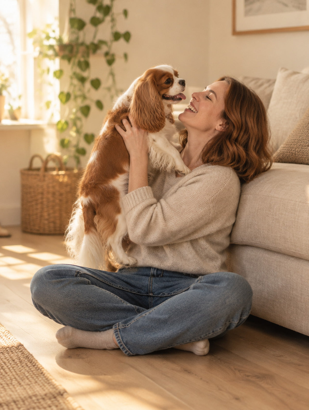 A woman sitting on a living room floor, laughing as she lifts a Cavalier King Charles Spaniel up towards her face