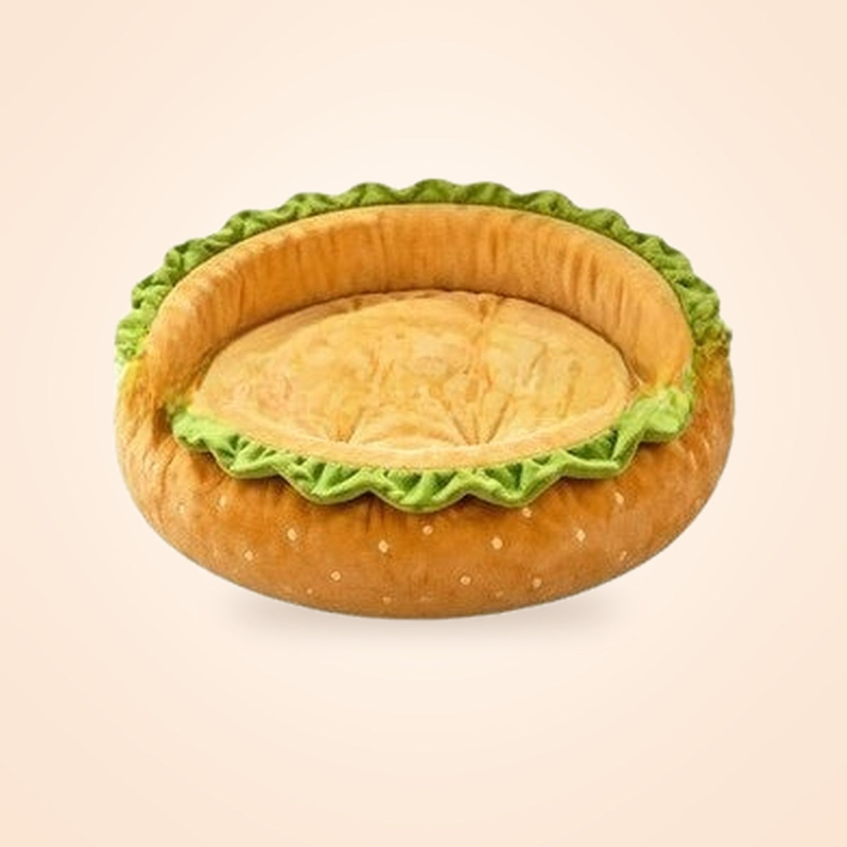 Burger-shaped plush pet bed with bun and lettuce detailing