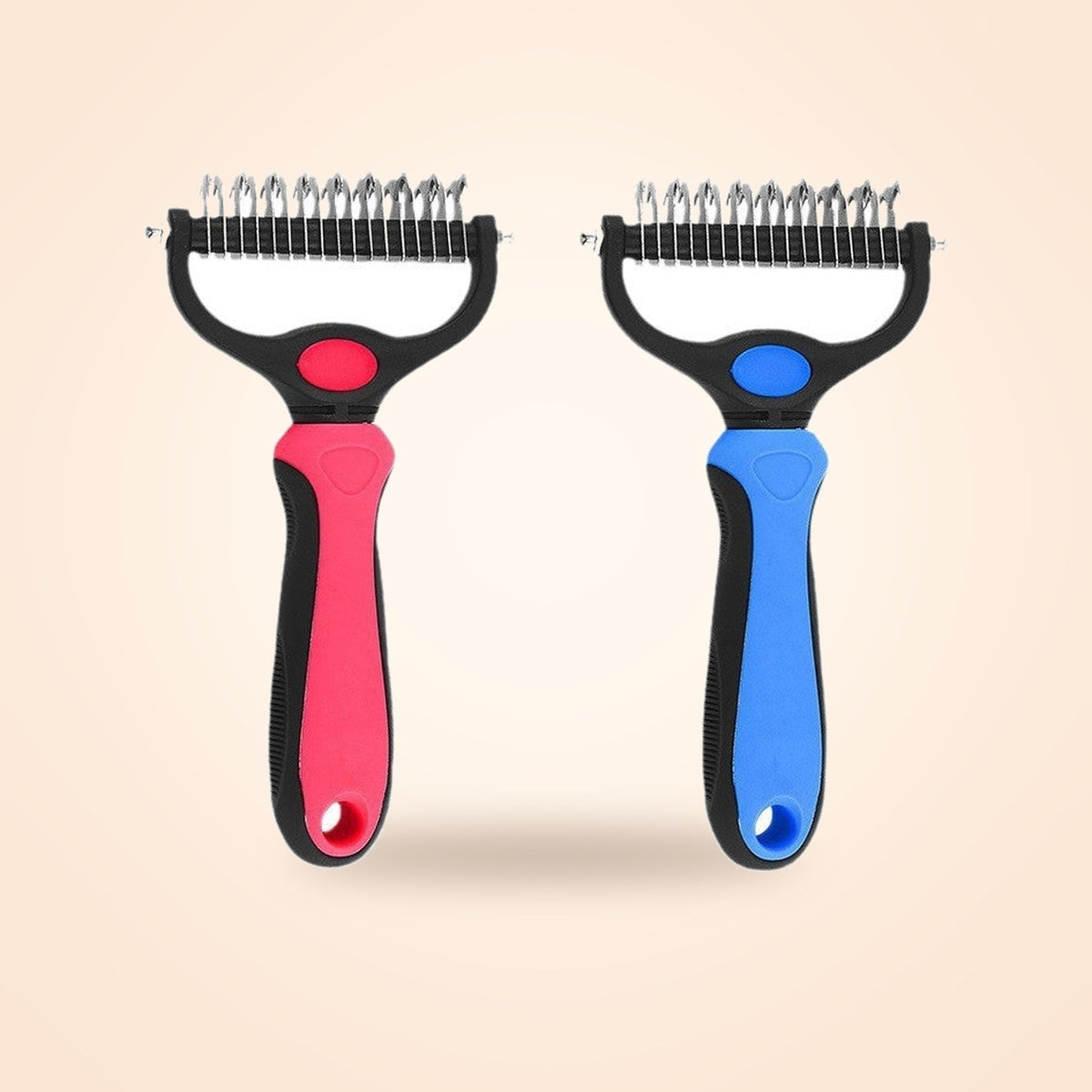 The dual-sided dematting comb in Rose Red and Blue, showing the stainless steel teeth