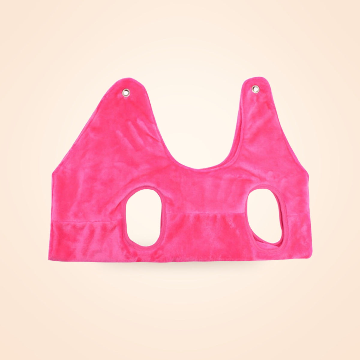 Pink fleece pet grooming hammock with leg openings and hooks