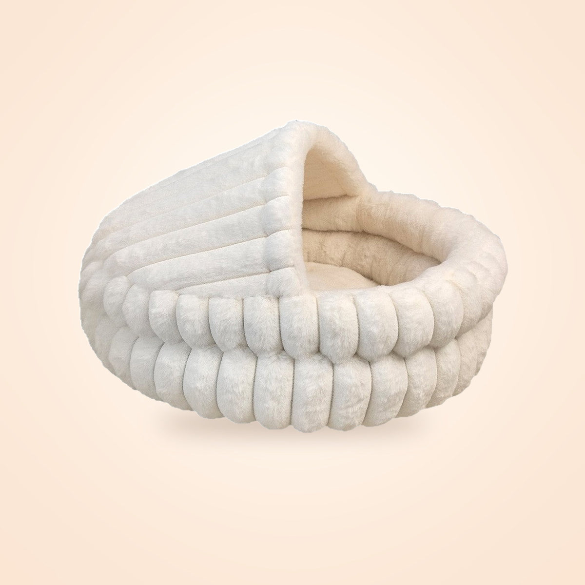 Cream hooded plush cat cave bed