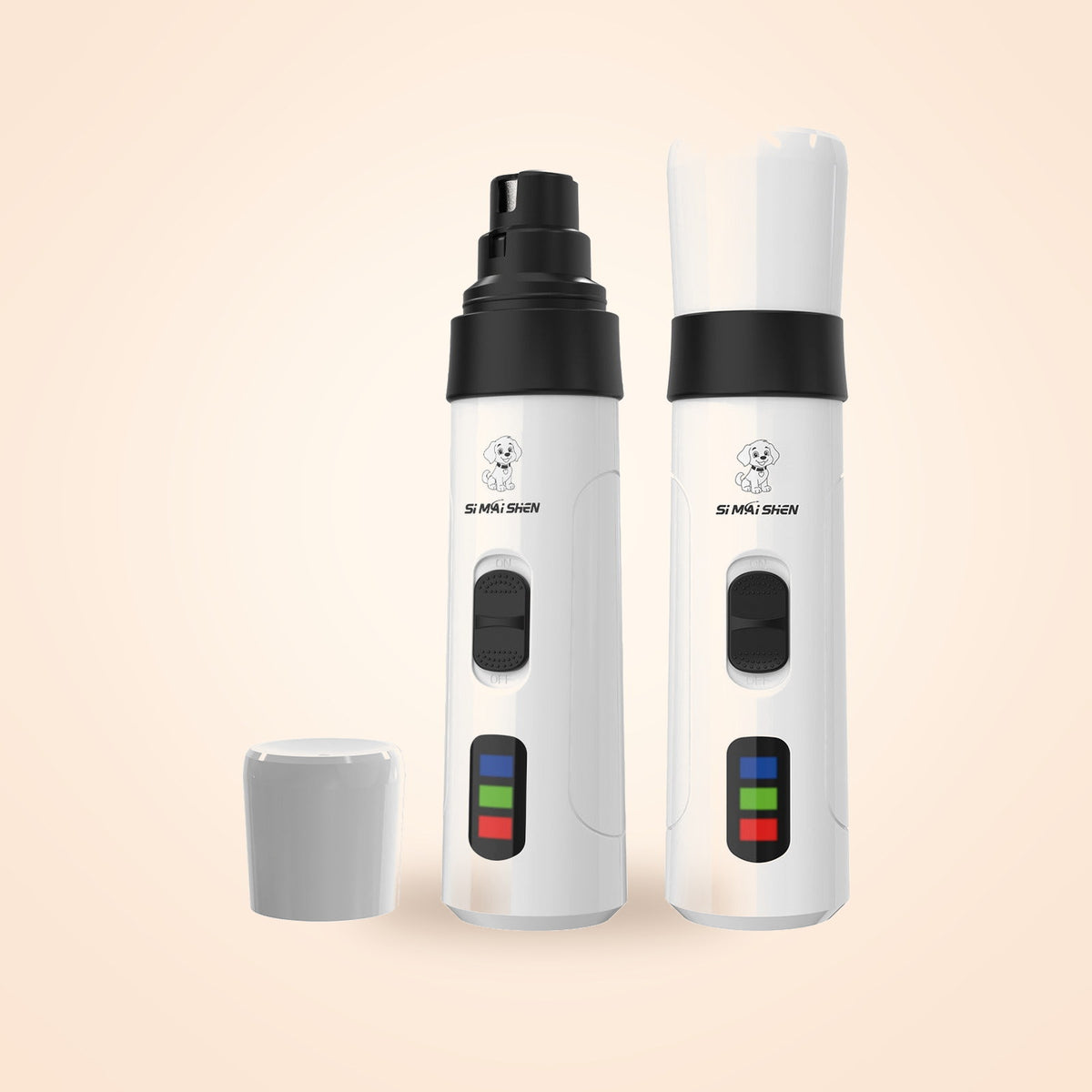 Rechargeable LED pet nail grinder shown with the grinding head exposed and with its protective sleeve fitted, on a warm cream background