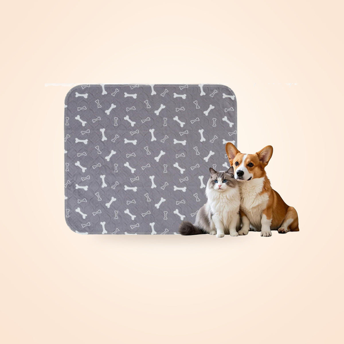 Grey bone-print reusable washable pee pad with a corgi and a cat sitting beside it, on a warm cream background