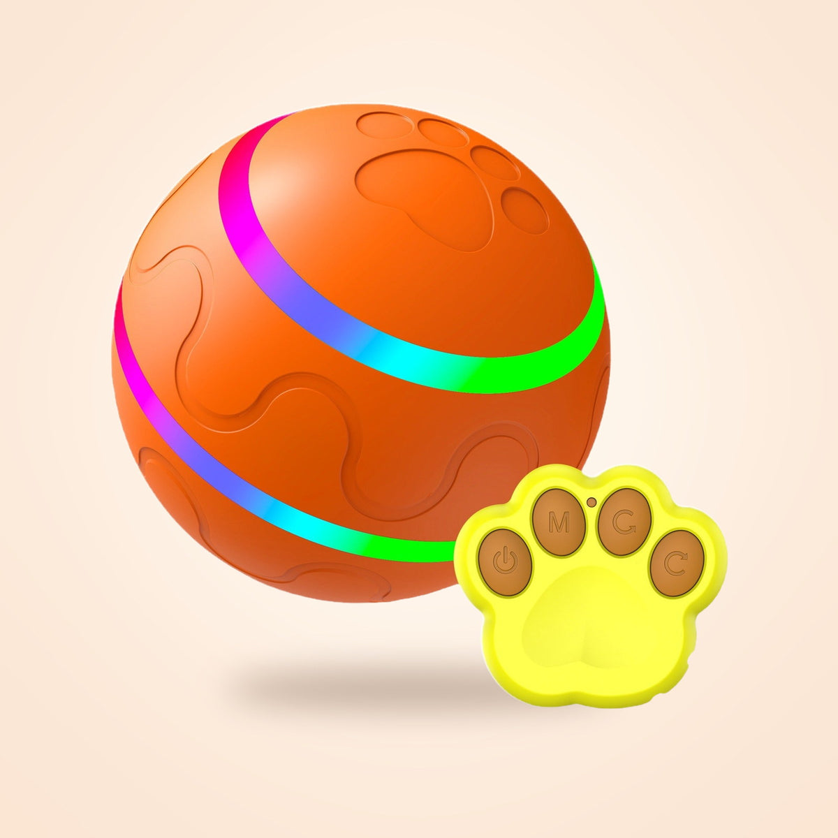 Orange self-rolling interactive pet ball with a paw-shaped remote, on a warm cream background