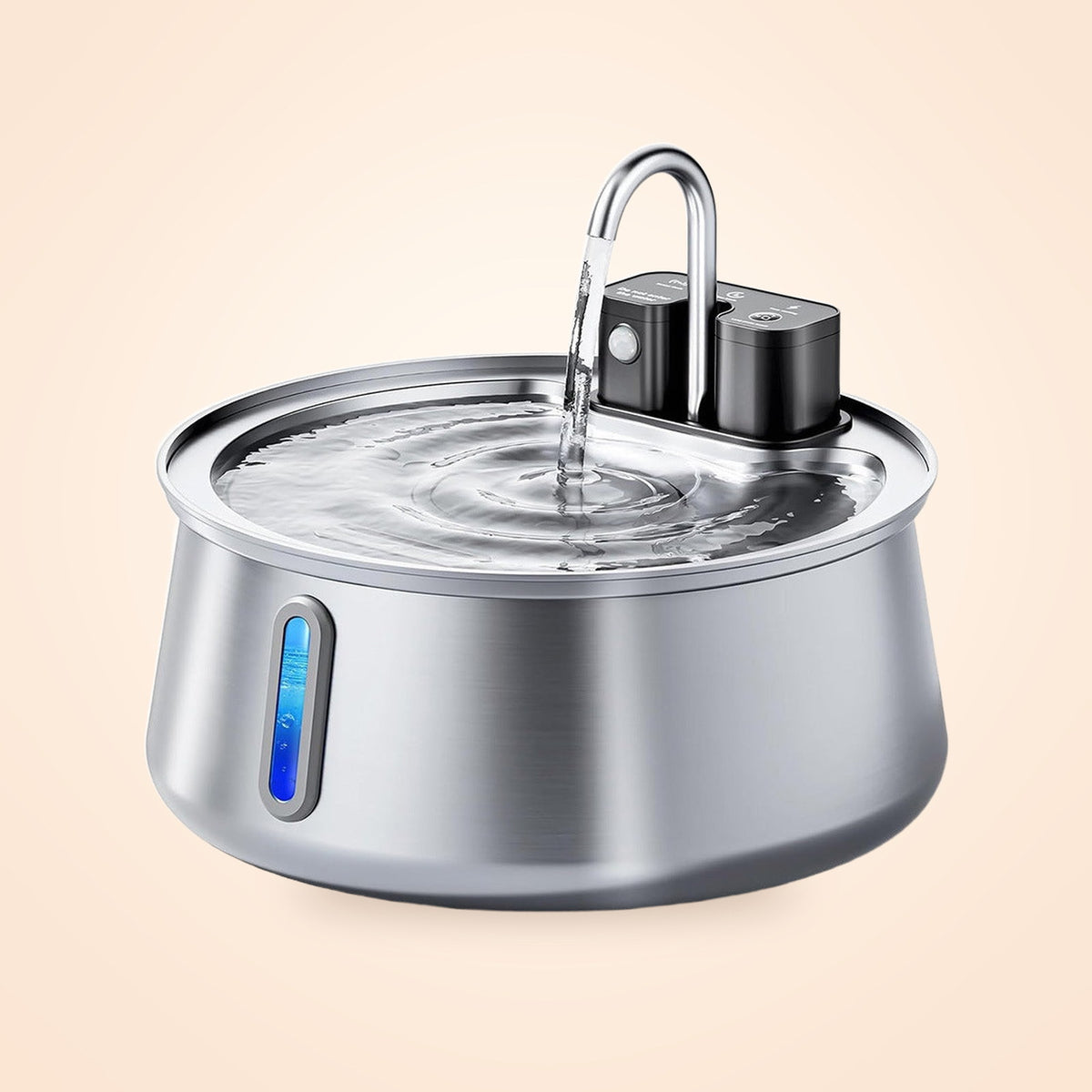 The brushed stainless steel pet water fountain with its faucet spout running and the blue level window lit