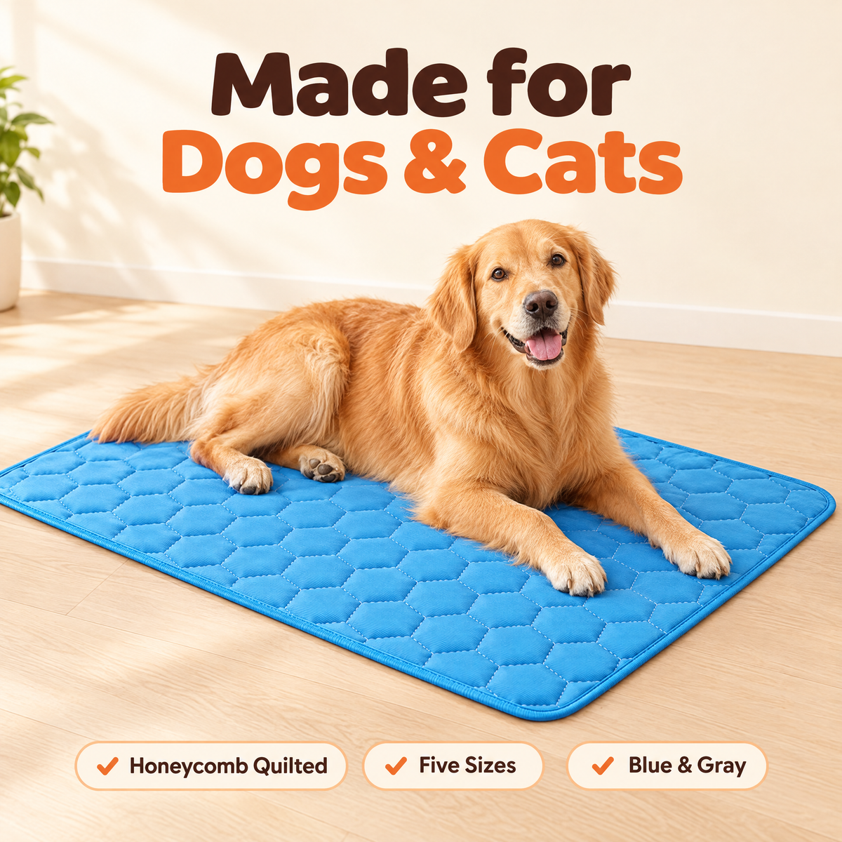 Golden retriever resting on the blue honeycomb quilted cooling mat, with the words Made for Dogs and Cats