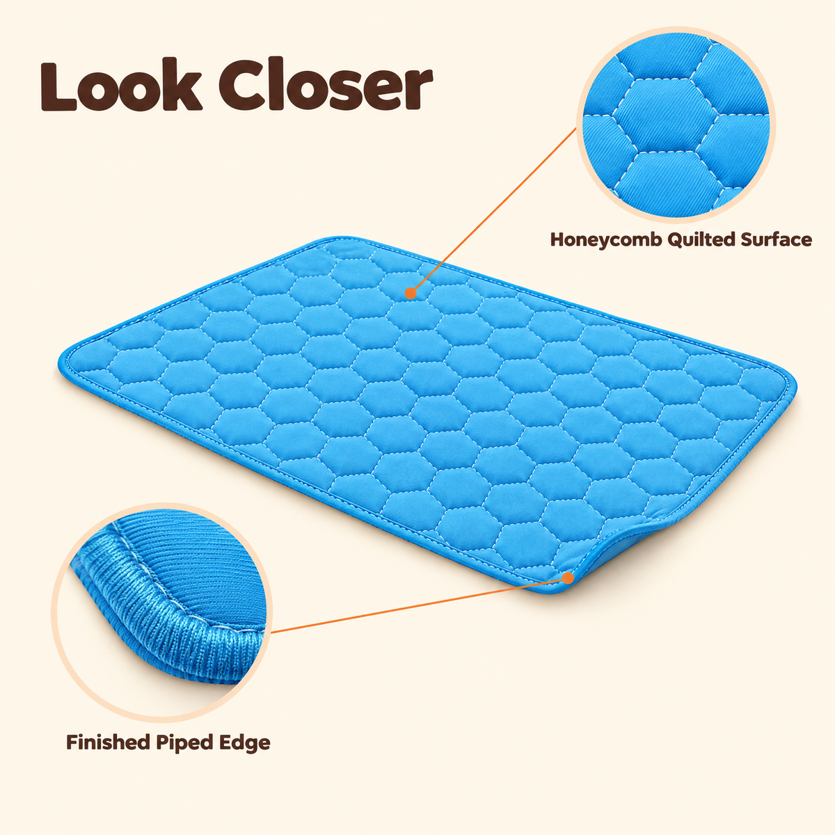Blue cooling mat with magnified views of the honeycomb quilted surface and the finished piped edge