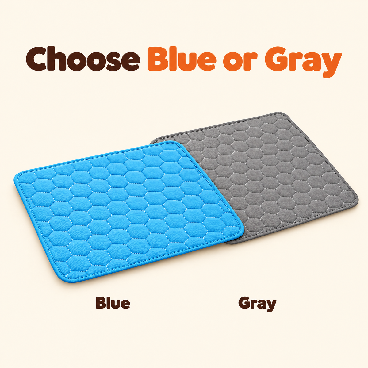 The cooling mat shown in both color options, Blue and Gray, side by side