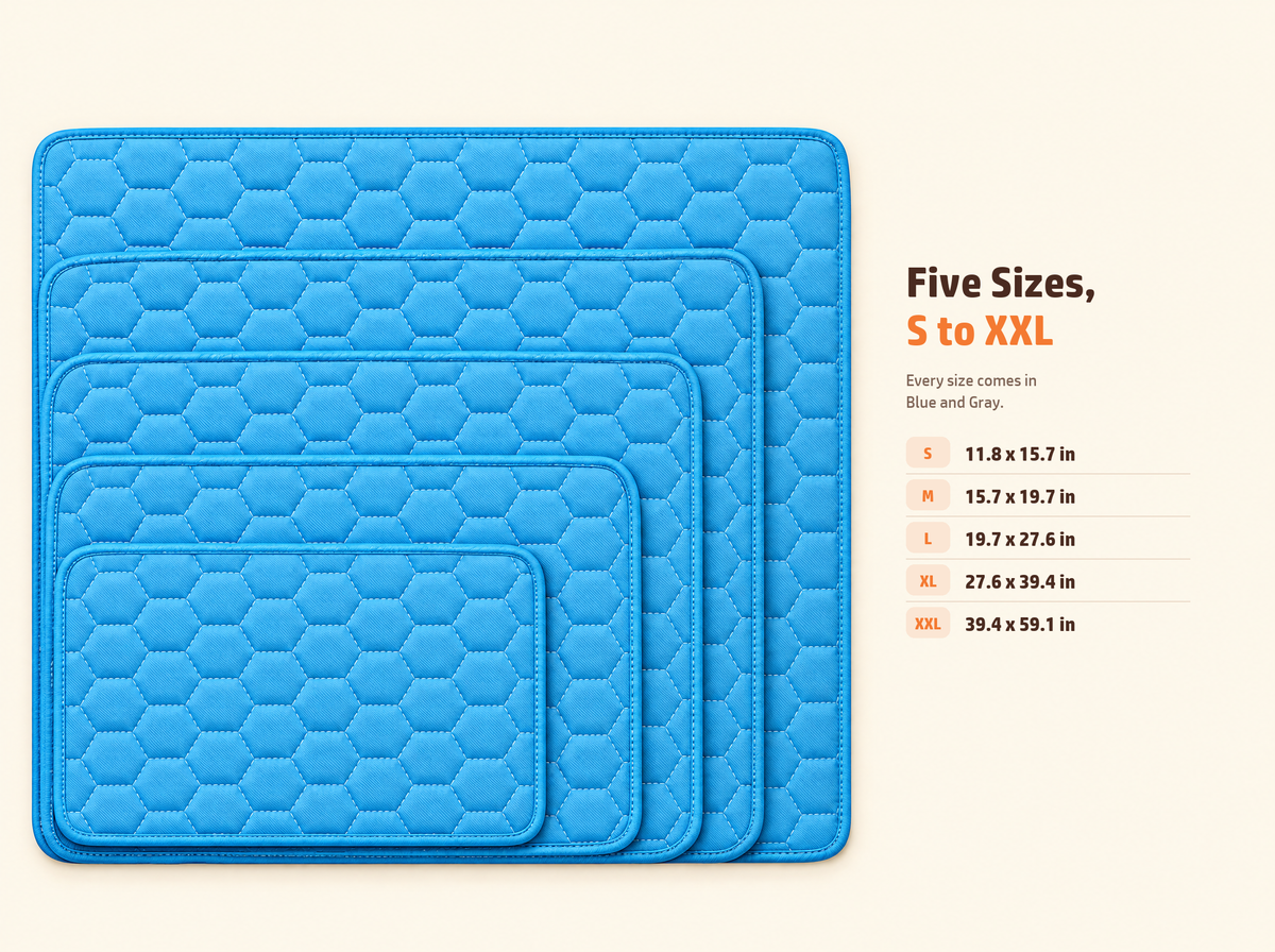Size chart showing the five cooling mat sizes nested to scale, from S at 11.8 by 15.7 inches to XXL at 39.4 by 59.1 inches
