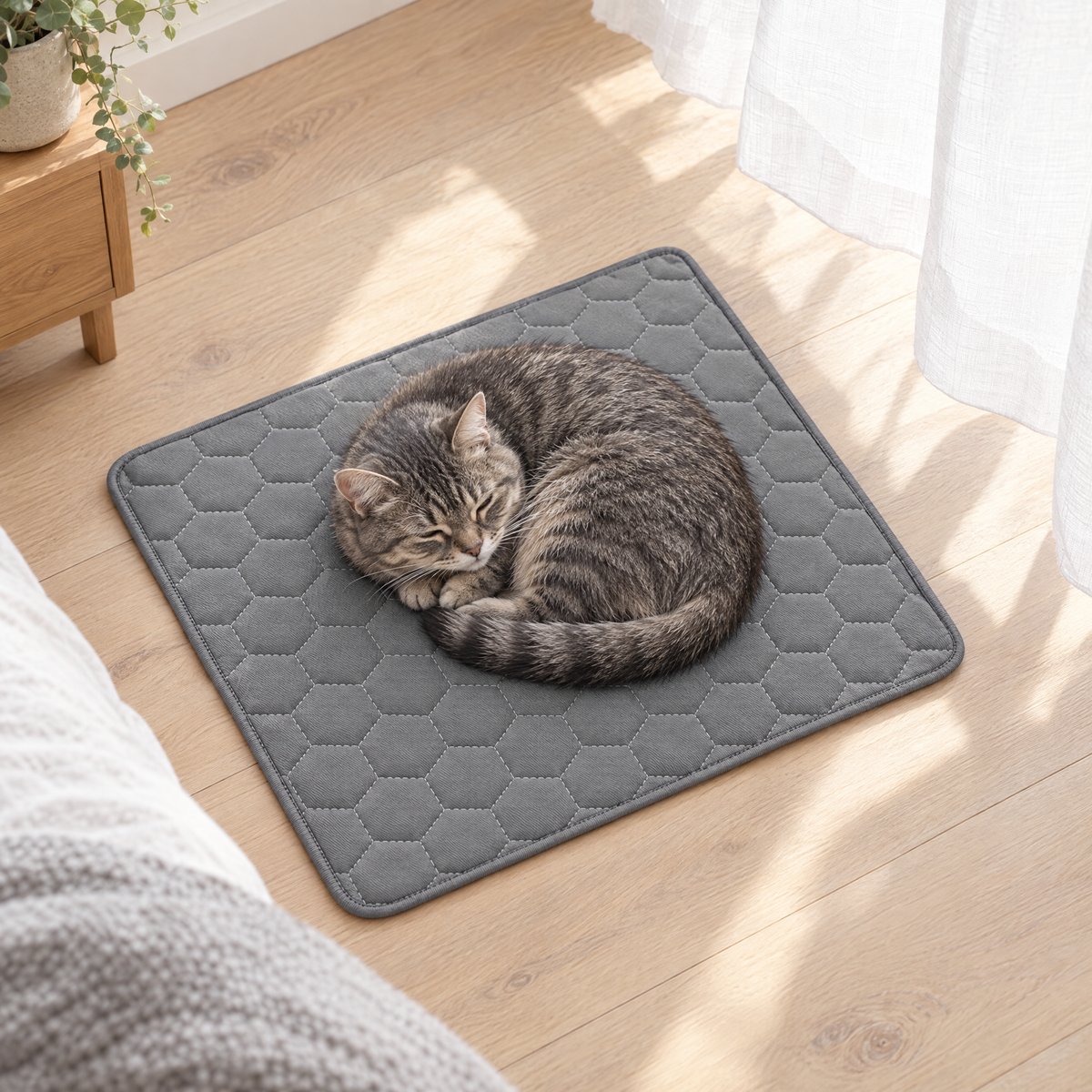 Tabby cat curled up on the gray cooling mat beside a window in morning light