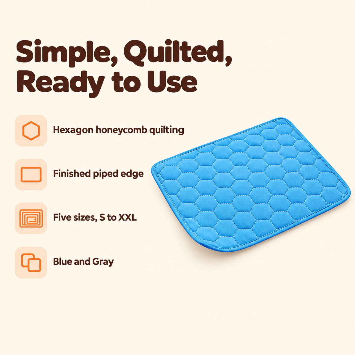 Blue cooling mat beside a list of its features: hexagon honeycomb quilting, finished piped edge, five sizes from S to XXL, and Blue and Gray