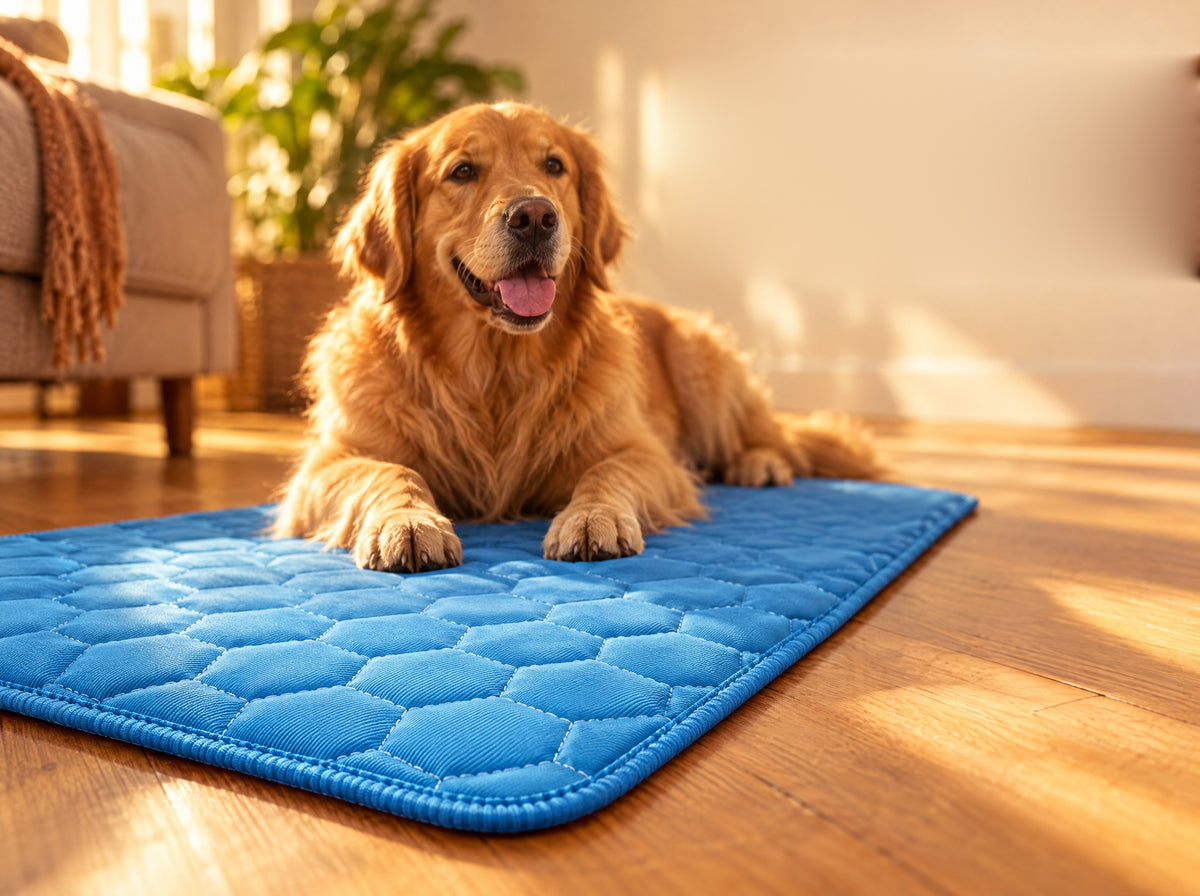 Golden retriever resting on the blue honeycomb quilted cooling mat on a wooden floor in warm afternoon light