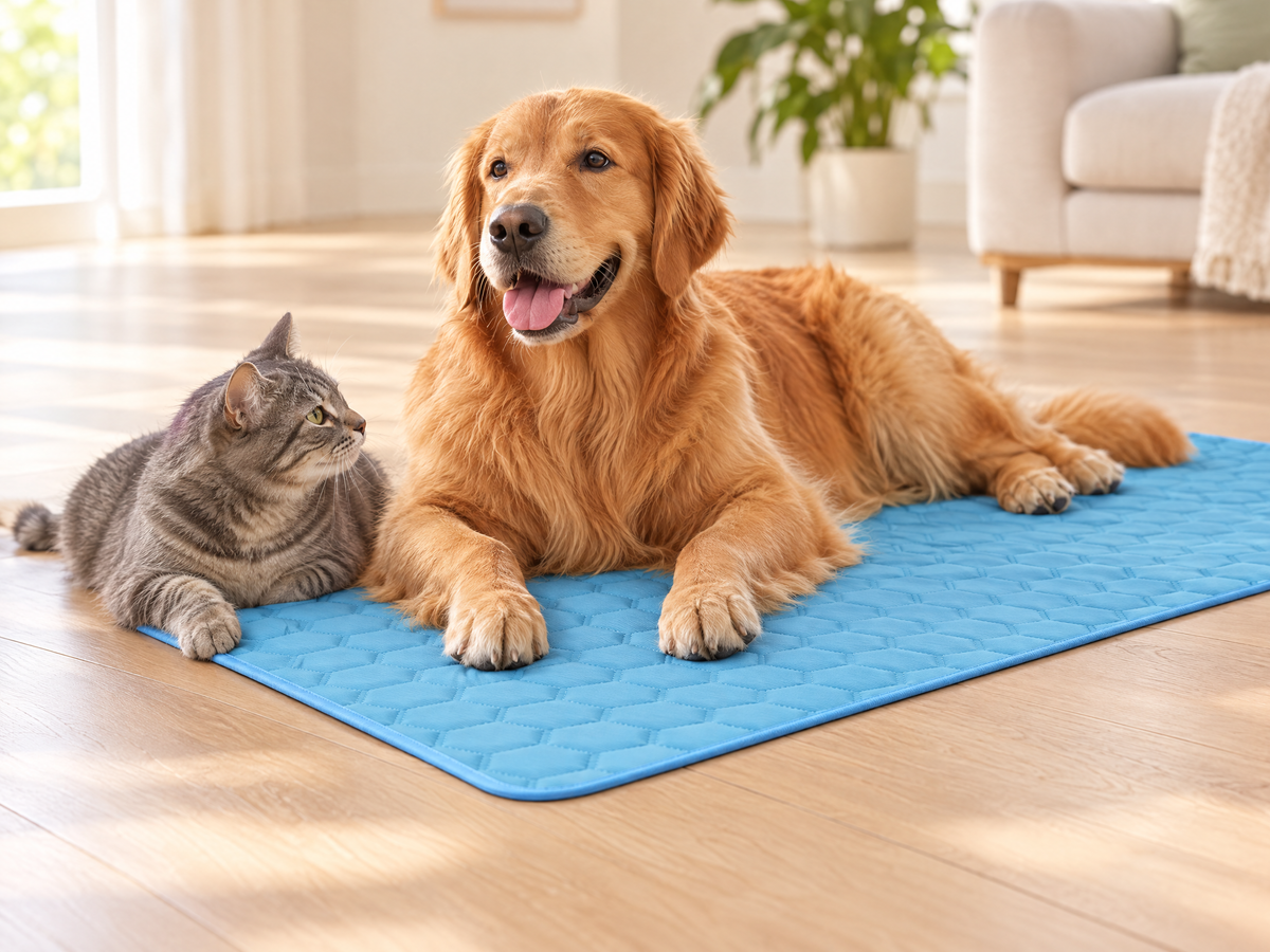 Golden retriever resting on the blue cooling mat on a light wood floor, with a grey tabby cat settled beside it with its paws on the edge of the mat