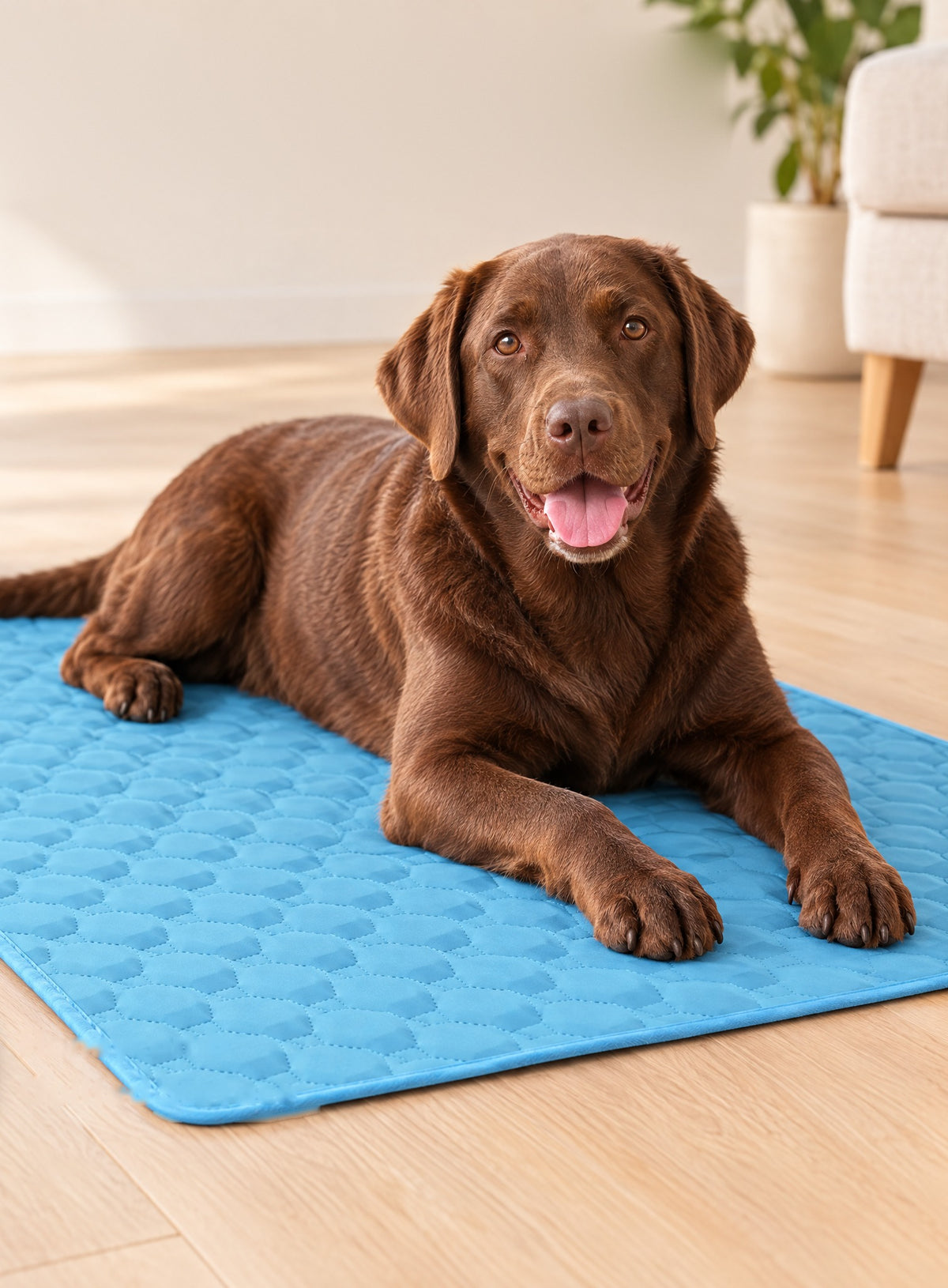 Chocolate Labrador lying on the blue honeycomb quilted cooling mat in a living room