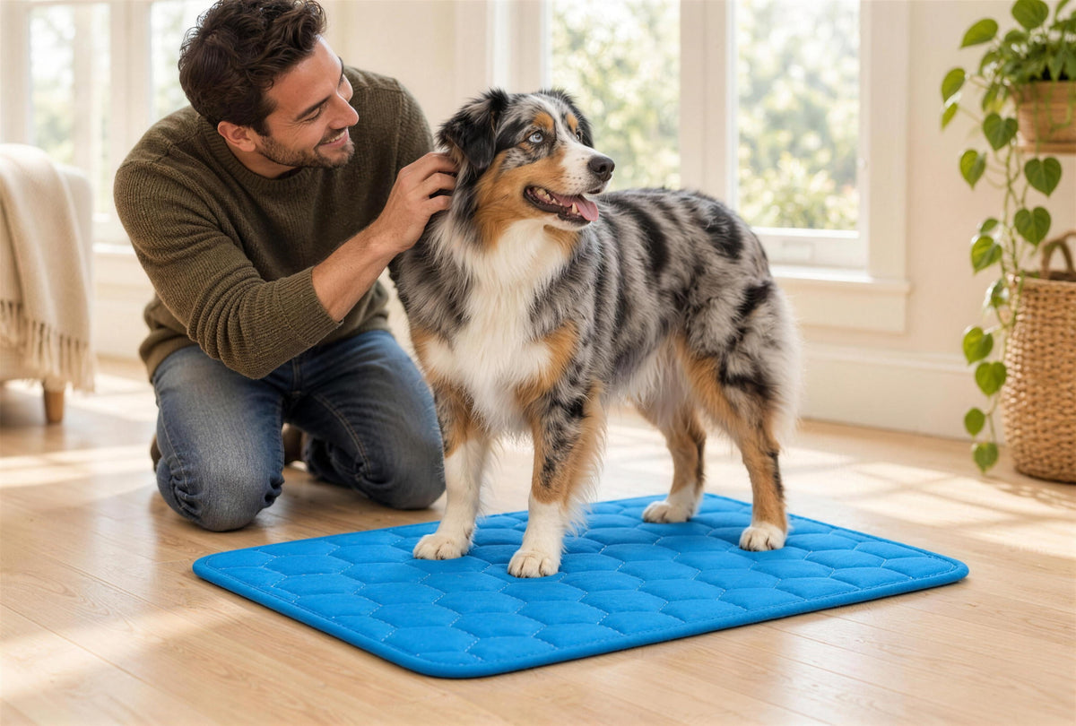 A blue merle Australian Shepherd standing on the blue honeycomb-quilted cooling mat on a wood floor, while a man kneels beside the dog and scratches behind its ear
