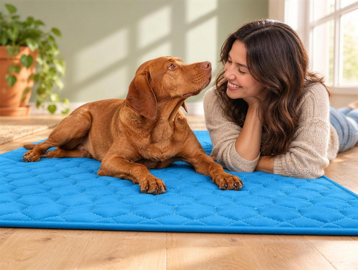 A Vizsla lying on the blue honeycomb quilted cooling mat, nose to nose with its owner who is lying on the floor beside it