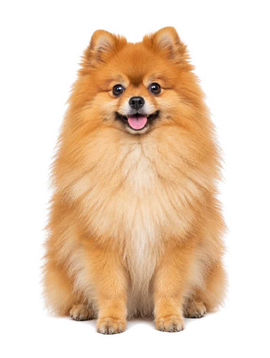 Pomeranian dog sitting upright, cut out on a transparent background