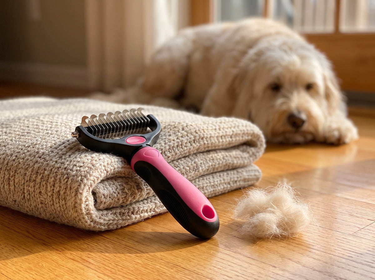 The Rose Red dual-sided dematting comb resting on a folded knit blanket on a wooden floor, with a clump of groomed-out fur beside it and a shaggy cream dog resting in the background