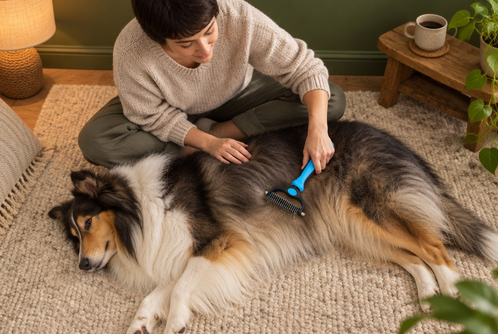 Seen from above, a woman sits cross-legged on a rug combing a Rough Collie that lies stretched out beside her