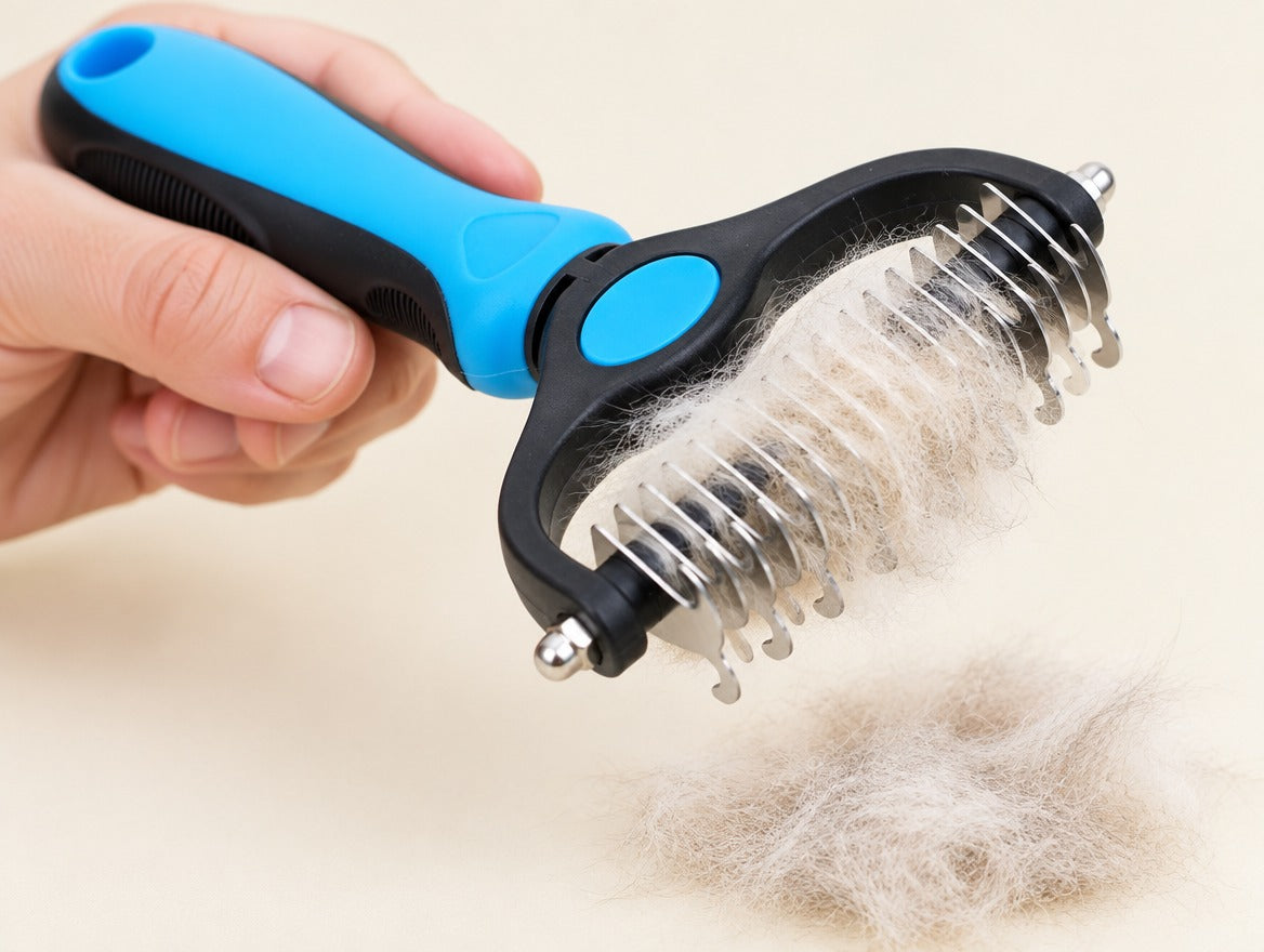 The comb held up with a thick clump of loose undercoat caught between its steel blades