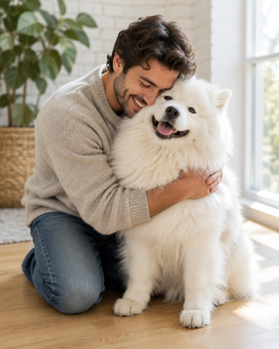 A man kneeling with both arms around a fluffy white Samoyed dog