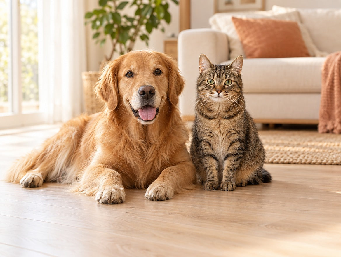Golden retriever and a tabby cat resting together on a wooden floor in a warm living room