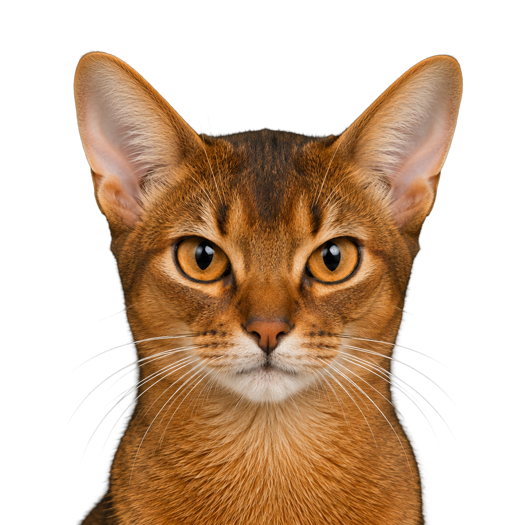 A ruddy Abyssinian cat looking at the camera, cut out on a transparent background.