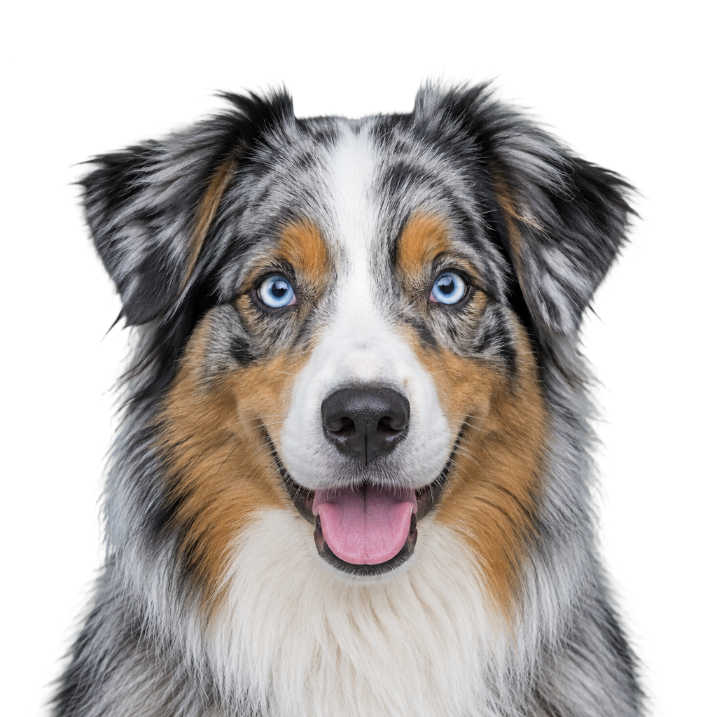 A blue merle Australian Shepherd looking at the camera, cut out on a transparent background.
