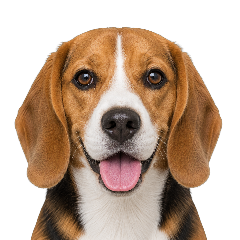 A Beagle looking at the camera, cut out on a transparent background.