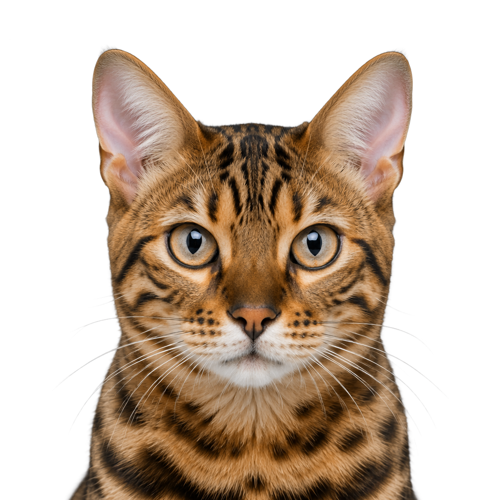 A spotted Bengal cat looking at the camera, cut out on a transparent background.