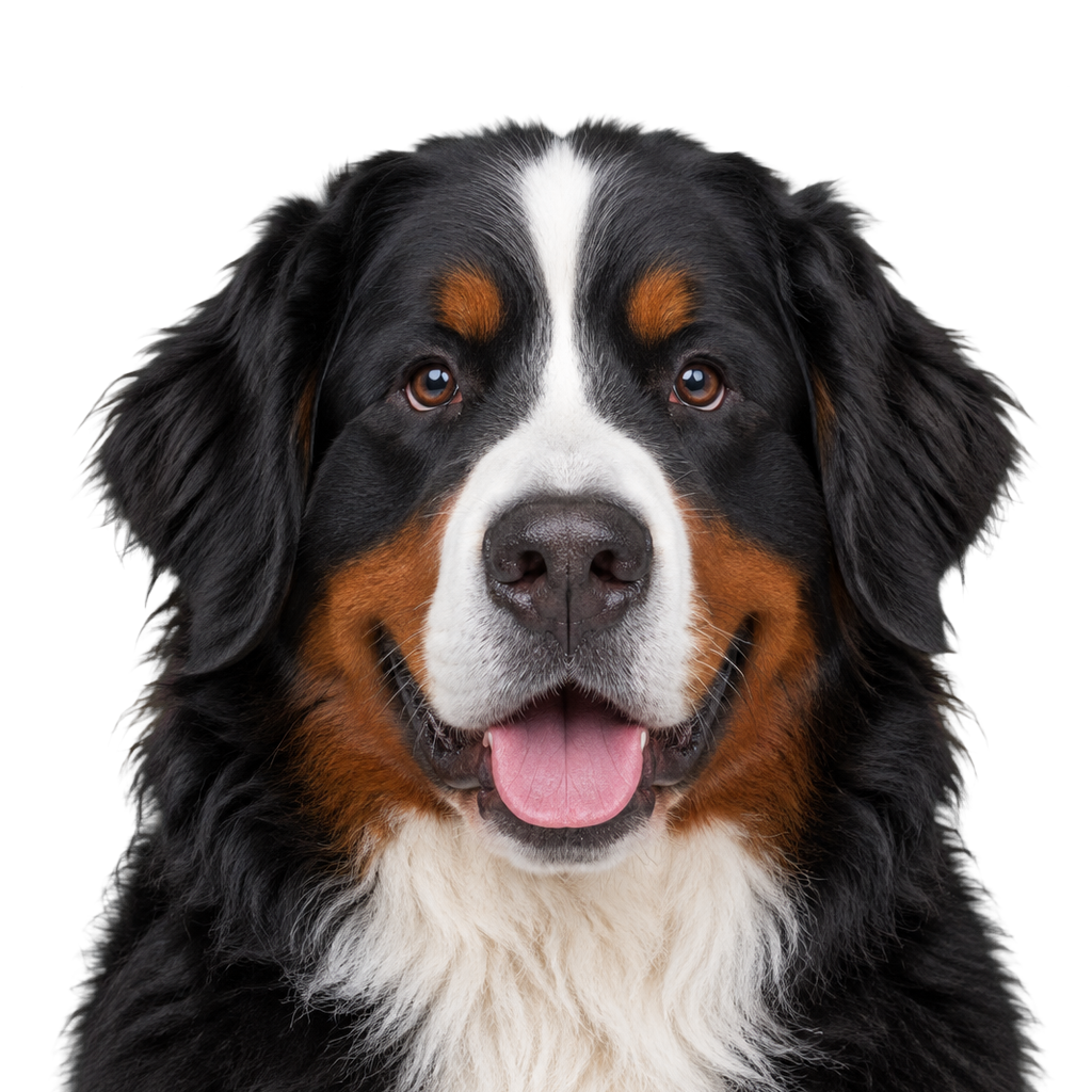 A Bernese Mountain Dog looking at the camera, cut out on a transparent background.