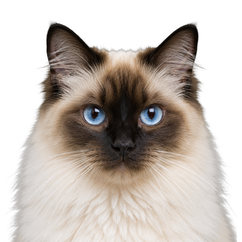 A cream Birman cat with dark points and blue eyes looking at the camera, cut out on a transparent background.