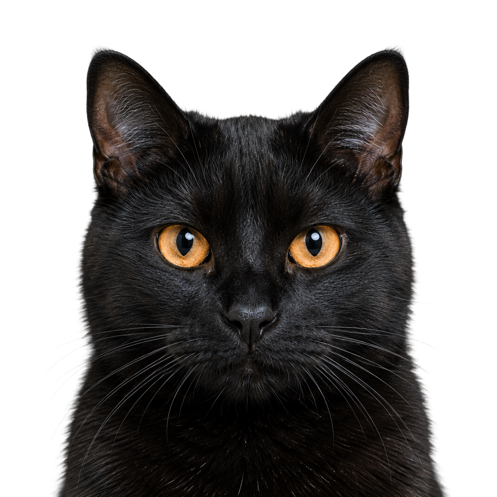 A glossy black cat with amber eyes looking at the camera, cut out on a transparent background.