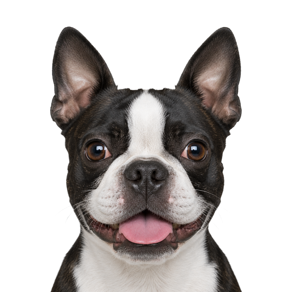 A Boston Terrier looking at the camera, cut out on a transparent background.